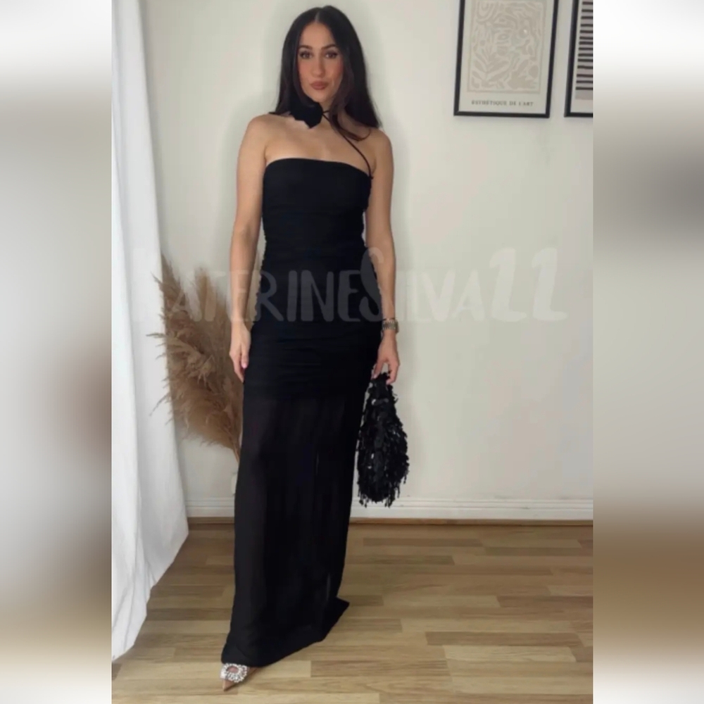 ZARA SHEER TULLE FLORAL DRESS * BLACK - Picture 11 of 14